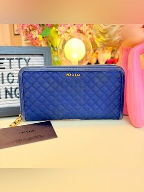 Prada Quilted Zip-Around Wallet in Deep Blue with Gold Logo